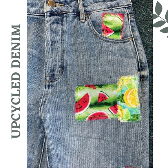 Upcycled High Rise Straight Leg Jeans Patchwork Ribbon Tropical Blue Size 26 - Picture 5 of 9